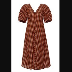 Ganni seersucker gingham plaid v-neck puff sleeve dress